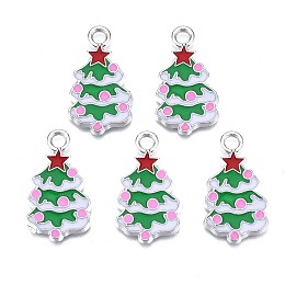 Honeyhandy Christmas Tree Alloy Enamel Pendants, Christmas Theme, Pearl Pink, 26x15x2mm, Hole: 3mm