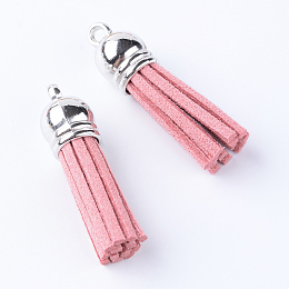 Honeyhandy Faux Suede Tassel Pendant Decorations, with CCB Plastic Cord Ends, Platinum, Light Coral, 35~37x10mm, Hole: 1.8mm