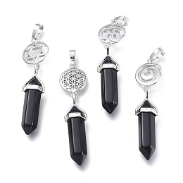 Honeyhandy Natural Black Onyx Pointed Big Pendants, Double Terminated Pointed, with Platinum Plated Brass Findings, Faceted, Bullet, 59~67x14~15mm, Hole: 7x5mm, Gemstone: 41~44x8mm