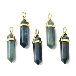 Honeyhandy Natural Indian Agate Pointed Pendants, with Random Brass Pendant Hexagon Bead Cap Bails, Golden, Bullet, 38.5~40x12~12.5x10~11mm, Hole: 3x4.5mm