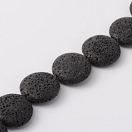 Honeyhandy Natural Lava Rock Beads Strands, Flat Round, Dyed, Black, 20~21.5x7~8mm, Hole: 1mm, about 19pcs/strand, 15.35 inch