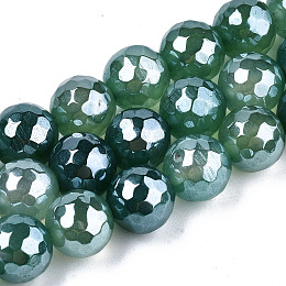 Honeyhandy Electroplate Natural Agate Beads Strands, Dyed, Faceted, Pearl Luster Plated, Round, Sea Green, 10.5mm, Hole: 1.2mm, about 36~37pcs/strand, 14.37 inch~14.57 inch(36.5cm~37cm)