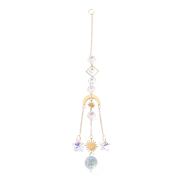 Honeyhandy Hanging Crystal Aurora Wind Chimes, with Prismatic Pendant and Moon & Sun Iron Link, for Home Window Chandelier Decoration, Golden, 305mm