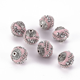 Honeyhandy Handmade Indonesia Beads, with Rhinestones and Alloy Cores, Round, Antique Silver, Flamingo, 14~16x14~16mm, Hole: 1.5mm