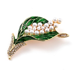 Honeyhandy Flower of Life Alloy Brooch with Resin Pearl, Exquisite Rhinestone Lapel Pin for Girl Women, Golden, Green, 53x27x5mm, Pin: 0.8mm