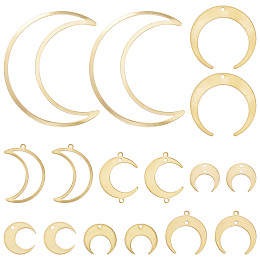 SUNNYCLUE 32Pcs 8 Style Brass Pendant, for Jewelry Making, Moon & Double Horn/Crescent Moon, Raw(Unplated), 13~50x14~40x0.5~1mm, Hole: 1.2~1.4mm, 4pcs/style