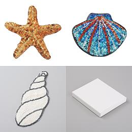 FINGERINSPIRE 6Pcs 3 Style Beach Theme Glitter Cloth Patches, Iron on/Sew On Sequin Applique, for Sewing Craft Decoration, Starfish & Shell & Conch Shape, Mixed Color, 100~150x64~125x1mm, 2pcs/style