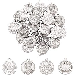 UNICRAFTALE 40Pcs 4 Styles Flat Round with Human/Crown/Dos Pesos/Saint Paul The Apostle Pendants 201 Stainless Steel Charms Vintage Stylish Pendants for DIY Bracelet Necklace Jewelry