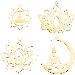 UNICRAFTALE 4Pcs 4 Style 201 Stainless Steel Pendants Lotus Pendants Golden Moon Charms 1.5-1.6mm Hole Flower Dangle Charms for DIY Jewelry Making