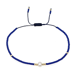 Honeyhandy Glass Imitation Pearl & Seed Braided Bead Bracelets, Adjustable Bracelet, Dark Blue, 11 inch(28cm)