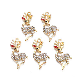 Rack Plating Alloy Enamel Pendants, with Crystal Rhinestone, Cadmium Free & Nickel Free & Lead Free, Light Gold, Christmas Reindeer/Stag, Red, 29.5x14x3mm, Hole: 1.8mm