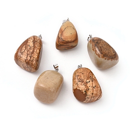 Honeyhandy Natural Picture Jasper Pendants, with Platinum Tone Brass Findings, Nuggets, 23~30x13~22x12~20mm, Hole: 5x3mm