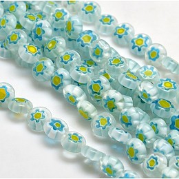 Honeyhandy Handmade Millefiori Glass Flat Round Bead Strands, Single Flower Design, Light Cyan, 8x4mm, Hole: 1mm, about 53pcs/strand, 14.7 inch