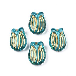 Plating Acrylic Beads, Metal Enlaced, Flower, Dark Turquoise, 16.5x12x7.5mm, Hole: 1.2mm