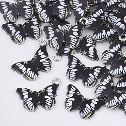 Honeyhandy Printed Alloy Pendants, with Enamel, Butterfly, Platinum, Black, 13.5x20x2mm, Hole: 1.6mm