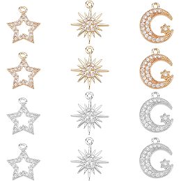 SUPERFINDINGS 12Pcs 3 Shape Cubic Zirconia Pendant Charms 2 Colors Star Moon Jewelry Charms Brass Sun Pendant Moon Dangle Pendants for DIY Necklace Bracelet Jewelry Making