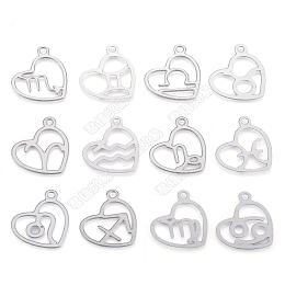 Unicraftale 304 Other Pendants & Charms,12 Constellation, Heart with Constellation, Stainless Steel Color, 15.5x12.5x0.6mm, Hole: 1.5mm, 12 patterns, 2pcs/pattern, 24pcs/box