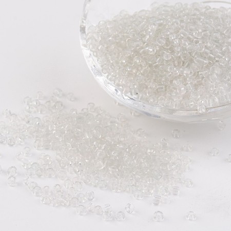 Honeyhandy 8/0 Glass Seed Beads, Transparent, Round, White, 3mm, Hole: 1mm, about 1097pcs/50g