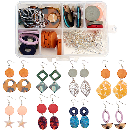 SUNNYCLUE DIY Earring Making, with Wood Links & Beads, Cellulose Acetate(Resin) Pendants, Brass Earring Hooks and Iron Findings, Mixed Color, 11x7x3cm
