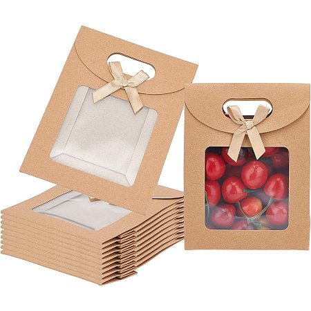 NBEADS 24 Pcs Kraft Paper Bags with Window, 4.7x2.4x6.2 Stand Up Gift Bag with Handles Brown Gift Bag with Clear Window for Candy Cookies Packaging Wedding Christmas Party Store Retail