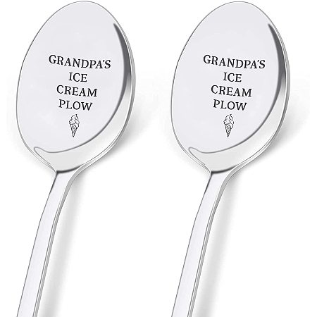 GLOBLELAND 2 Pieces Grandpa's Ice Gream Plow Spoon Engraved Stainless Steel Espresso Spoon Funny Coffee Lovers Gift for Friends or Family