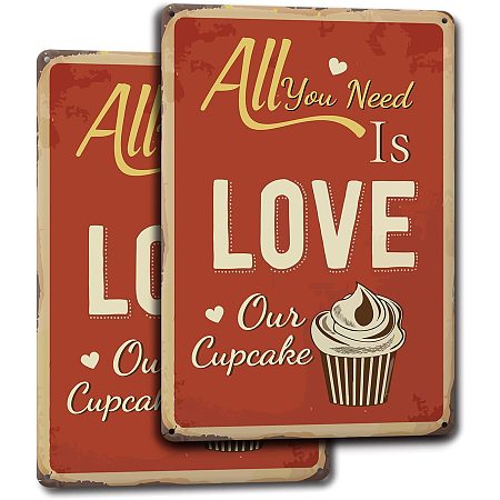 GLOBLELAND 2PCS Cup Cake Vintage Metal Tin Sign Restroom Sign All You Need is Love Decor Home and Business Plaques Wall Sign 7.8×11.8inch