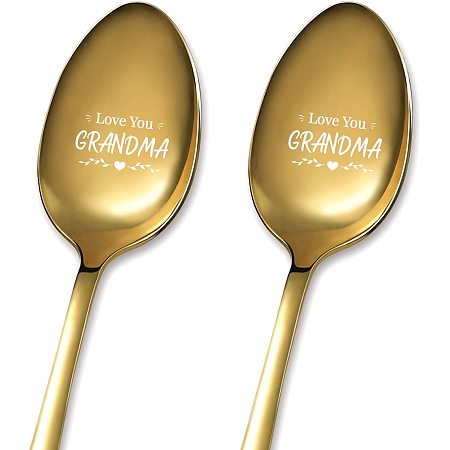 GLOBLELAND 2Pcs Love You Grandma Spoon with Gift Box Golden Stainless Steel Table Spoons for Friends Families Festival Christmas Birthday Wedding, 7.2''