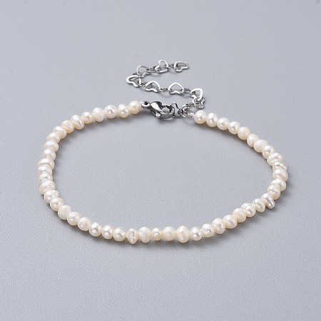 Honeyhandy Natural Freshwater Pearl Beads Bracelets, with 304 Stainless Steel Extender Chains and Burlap Packing Pouches Drawstring Bags, White, 7-1/2 inch(19.2cm)