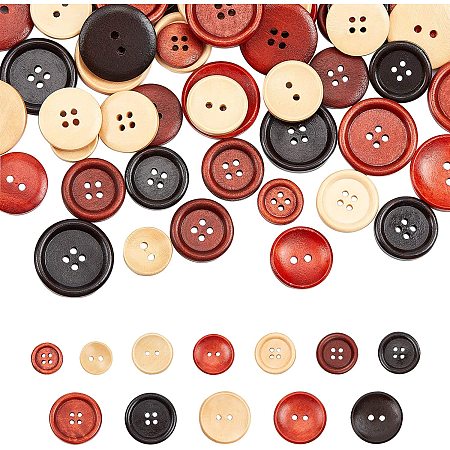PandaHall Elite 120pcs 3 Sizes Wooden Buttons 2-Hole 4-Hole Sewing Buttons Decorative Buttons for Crafts Scrapbooking Sewing Craft Decoration (0.5/0.7/1 Inch)