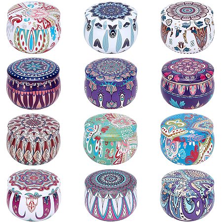 BENECREAT 24Pcs 12 Mixed Colors Candle Tins Flower Pattern Round Containers with Lids Candle Containers for Aromatherapy Candle Making, Candy Box