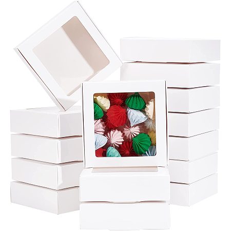 BENECREAT 16Packs 4.2x4.2x1.2inch Clear PVC Square Window Gift Boxes, White Kraft Paper Present Packing Boxes for Party Favor Treats, Cookies, Small Gifts or Crafts