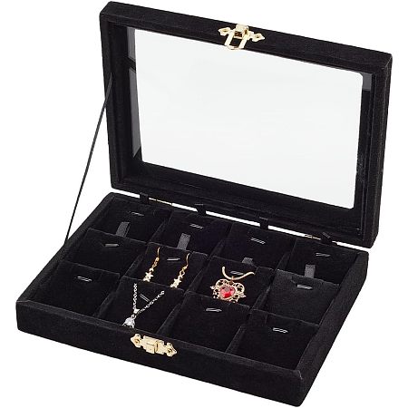 PandaHall Elite Velvet 12 Grid Jewelry Box Jewelry Organizer Tray with Lock Wood Jewelry Tray with Clear Lid Jewelry Storage Box for Women Rings Earrings Necklaces Bracelets 8x6x1.7 inch /20x15x4cm