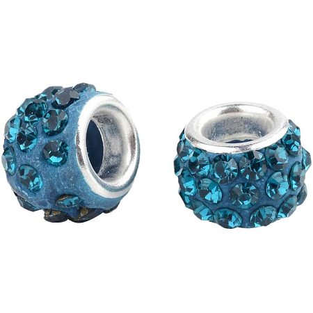 CHGCRAFT 100pcs Polymer Clay Rhinestone European Beads Blue Large Hole Beads Silver Plated Brass Core Beads Rondelle Beads Necklace Bracelet Charming Beads