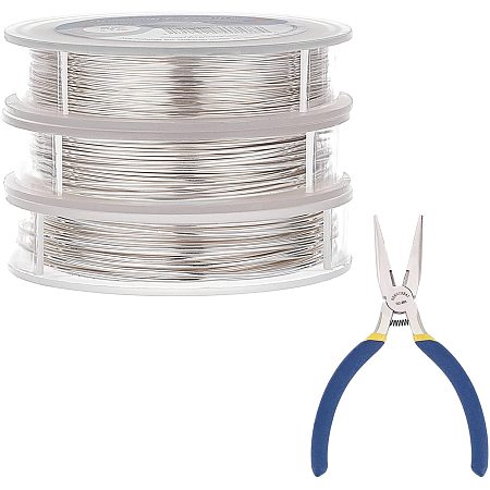 BENECREAT 3 Rolls 18Gauge/20Gauge/26Gauge Silver Copper Wire Jewelry Beading Wire with 1PC Chain Nose Pliers for Jewelry Repair Making