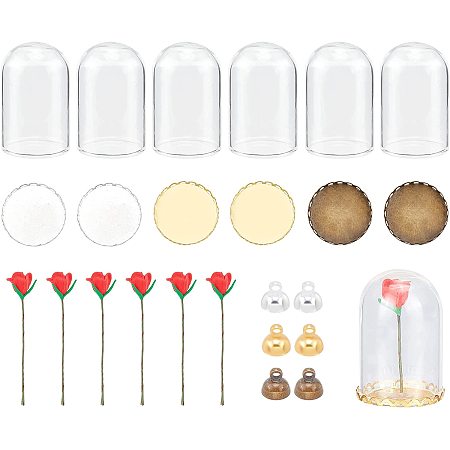 CHGCRAFT 24Pcs Glass Dome with Brass Base Immortal Rose Vial Pendant with Cap Base Tube Glass Globe Bottle with Artificial Flower for DIY Bracelet Keychain Crafting Jewelry Making,0.98X1.46Inch