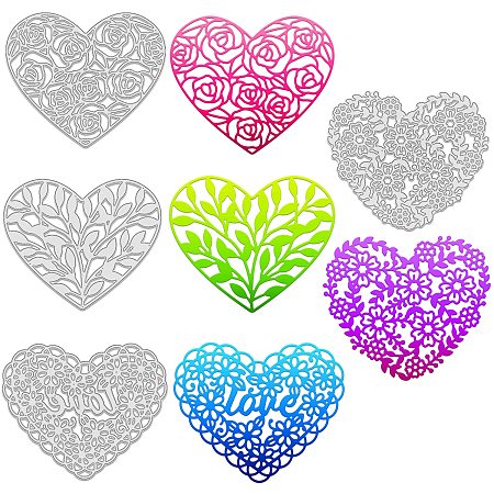 GLOBLELAND 4pcs Heart Pattern Metal Cutting Dies Template Molds with Flowers and Leaves Shape for DIY Scrapbooking Greeting Cards Making Album Envelope Decoration,Matte Platinum