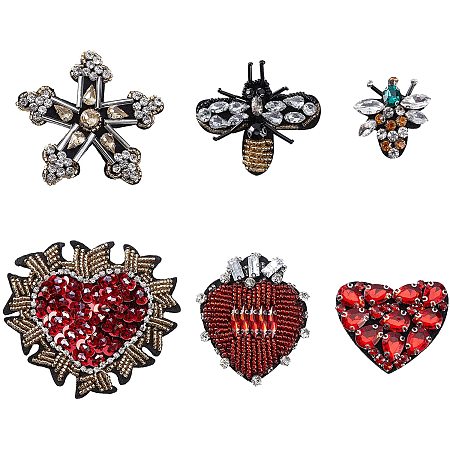 FINGERINSPIRE 6 Styles Handmade Rhinestone Beaded Patches Heart Star Rhinestone Applique Vintage Bee Patches Crystal Applique Sew On Beaded Badge Fashion Pearl Patch for Clothing DIY Craft