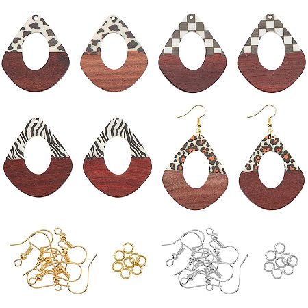 OLYCRAFT 40Pcs Resin Wood Earring Pendants Drop Shape Wood Dangle Earring Making Kit Resin Wood Charms Bulk for Earring Necklace Jewelry Making - 4 Styles