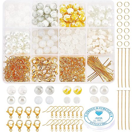Pandahall Elite 8 Styles Jewelry Making Kit, 8mm Round Glass Beads 6mm Frosted Beads Jade Chip Stone Beads Golden Earring Hooks, Flat Head Pins, Lobster Clasps Jump Rings Crystal Elastic Thread
