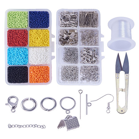 SUNNYCLUE Jewelry Making Kit Jewelry Findings Starter Kit Includes 8 Color 11/0 Glass Seed Beads Diameter 2mm, Jump Rings, Lobster Claw Clasps and Jewelry Findings