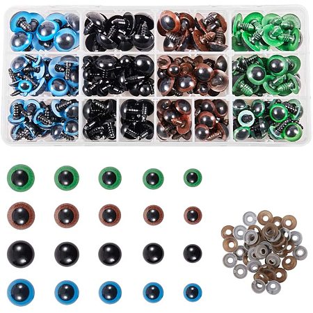 PandaHall Elite 200pcs Plastic Safety Eyes with Washers 5 Size 10~18mm 4 Color Craft Doll Eyes for Doll Animal Crafts, Stuffed Crochet Animals, Puppet, Doll Making