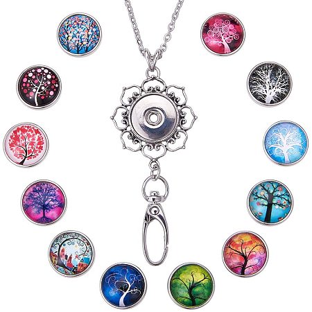 SUNNYCLUE 1 Box 30inches Women Office Lanyard ID Badges Holder Necklace with 12pcs Alloy Breakaway Snap Buttons Charms Jewelry Pendant Clip & Plastic Box(Tree of Life)