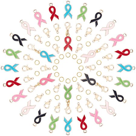 SUNNYCLUE 1 Box 6 Colors Alloy Ribbon Pendants Breast Cancer Awareness Prevention Propaganda Dangle Enamel Hope Charms with Lobster Claw Clasps for Bracelet Jewelry Crafting Supplies Making Accessory