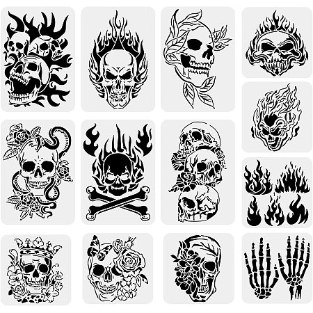 BENECREAT 13PCS Skull Pattern Drawing Stencils, Skull Flame Scary Style Template for Scrabooking Card Making, Wall Floor Art, Festival Decoration