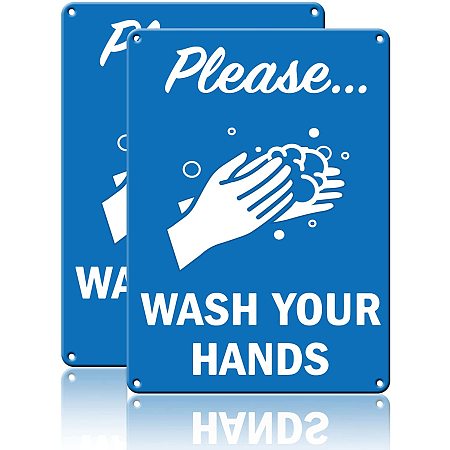 GLOBLELAND 2Pcs Please Wash Your Hands Aluminum Sign Metal Sign for Restroom Dinning Room Decor, 10x7Inch, Waterproof and Fade Resistance