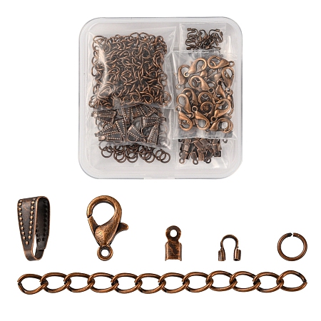 Honeyhandy DIY Jewelry Making Finding Kit, Including Alloy Lobster Claw Clasps, Iron Jump Rings & Folding Crimp Ends & Ends Chains, Brass Snap on Bails & Wire Guardian, Red Copper, 200Pcs/box