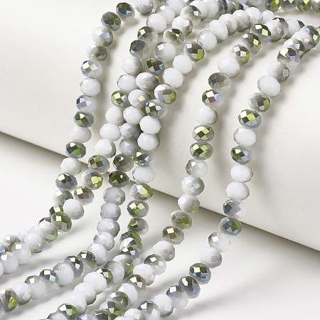 Honeyhandy Electroplate Opaque Glass Beads Strands, Half Green Plated, Faceted, Rondelle, White, 4x3mm, Hole: 0.4mm, about 130pcs/strand, 16.54 inch(42cm)