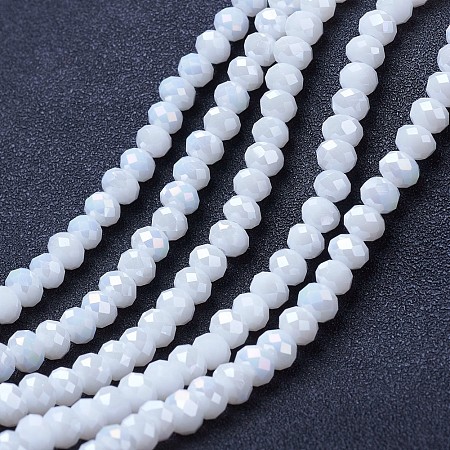 Arricraft Electroplate Glass Beads Strands, Opaque Solid Color, AB Color Plated, Faceted, Rondelle, White, 6x5mm, Hole: 1mm, about 92~94pcs/strand, 17~17.5 inches(42.5~43.75cm)
