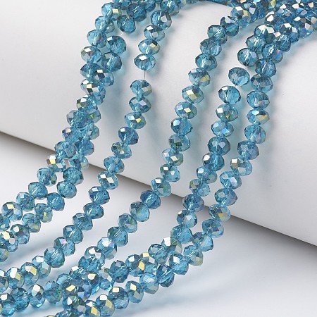 ARRICRAFT Electroplate Transparent Glass Beads Strands, Half Green Plated, Faceted, Rondelle, Deep Sky Blue, 4x3mm, Hole: 0.4mm, about 130pcs/strand, 16.54 inches(42cm)