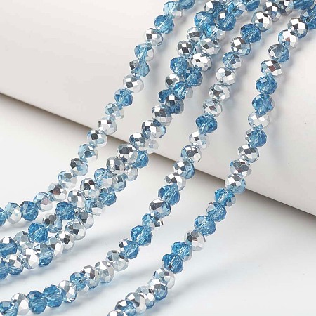 Honeyhandy Electroplate Transparent Glass Beads Strands, Half Silver Plated, Faceted, Rondelle, Deep Sky Blue, 8x6mm, Hole: 1mm, about 72pcs/strand, 16.14 inch(41cm)